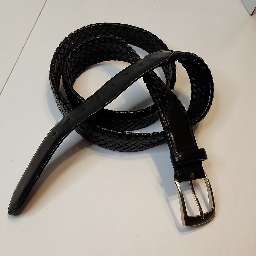 Men's Black Braided Leather Belt with Polished Buckle